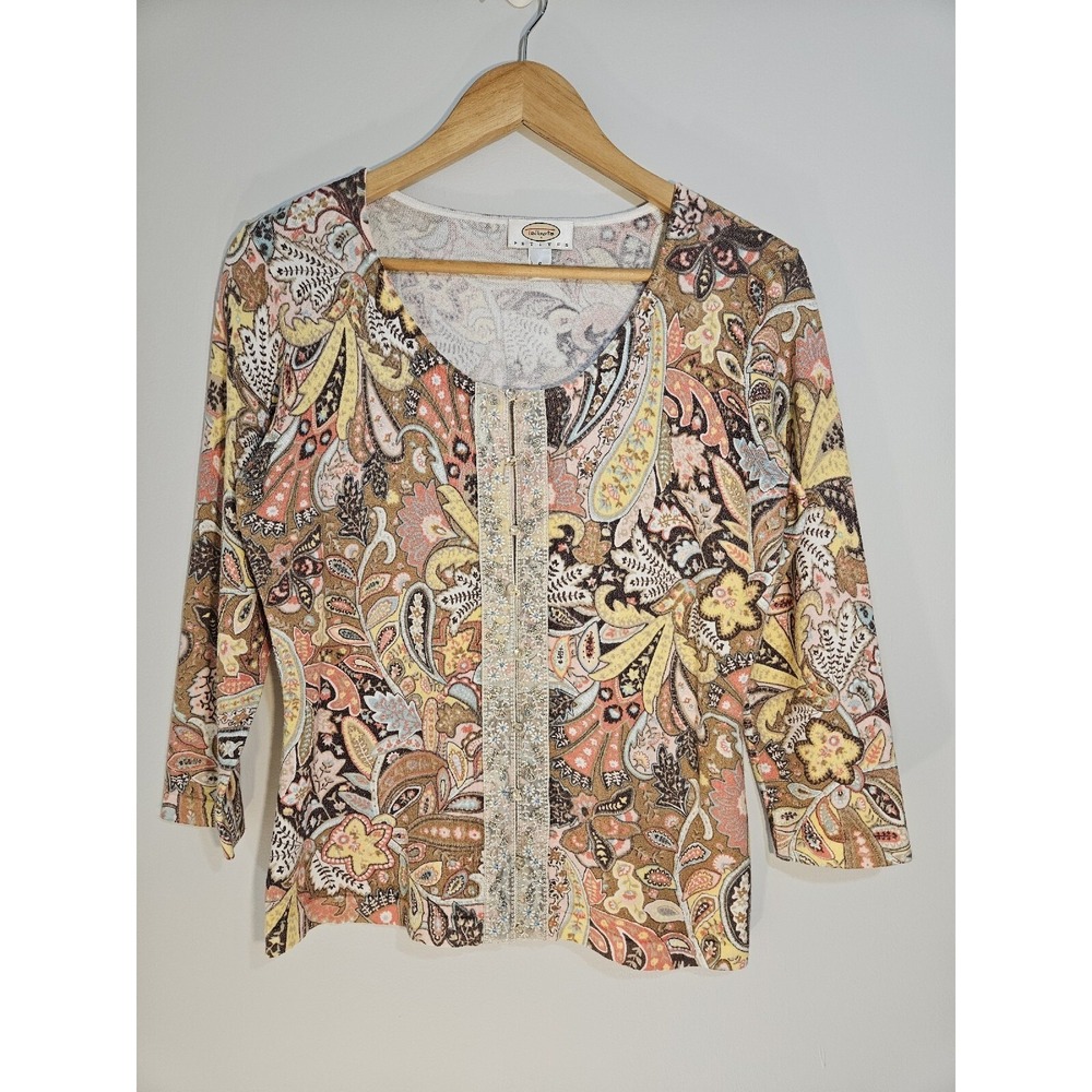 Talbots Petites Womens Small Paisley Beaded Cardigan Sweater 3/4 Sleeve Pink Tan